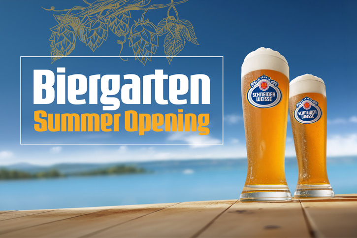 Biergarten Summer Opening mit Bier vor herrlicher Seekulisse.